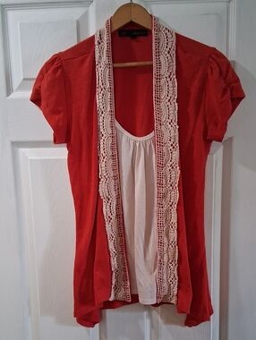 HeartSoul Red Short-Sleeve Layered Top with Cream Lace Trim Chrochet